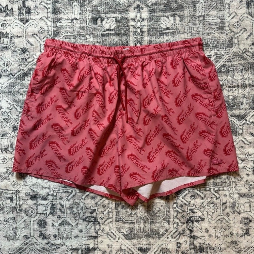 Lacoste Script Logo Print Swim Trunks Pink Lighthouse Red XL Board Shorts
